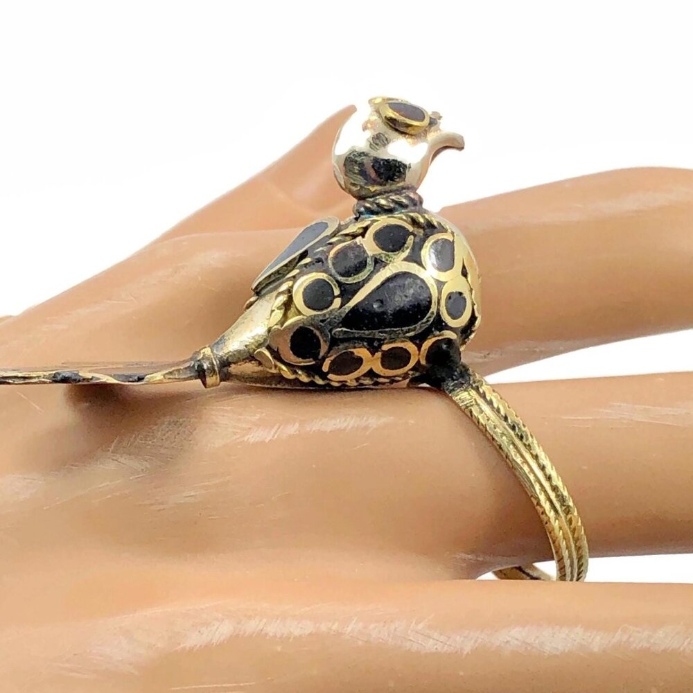 Vintage Bird Ring Afghan: Middle Eastern Black Enameled Brass Silver